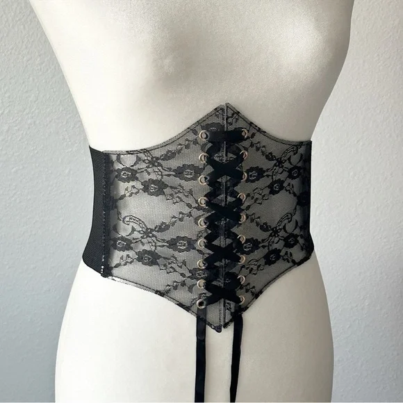 Romantic Black Lace Corset Style Waist Belt Stretch Snap Back Closure Size Small - Picture 4 of 12